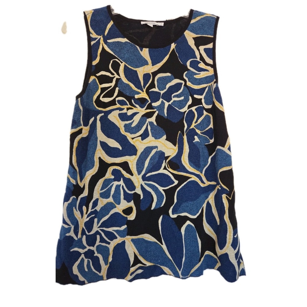 Chicos Blue Floral Knit Sleeveless Tank Top Sweater Size 2 Large Rayon Blend